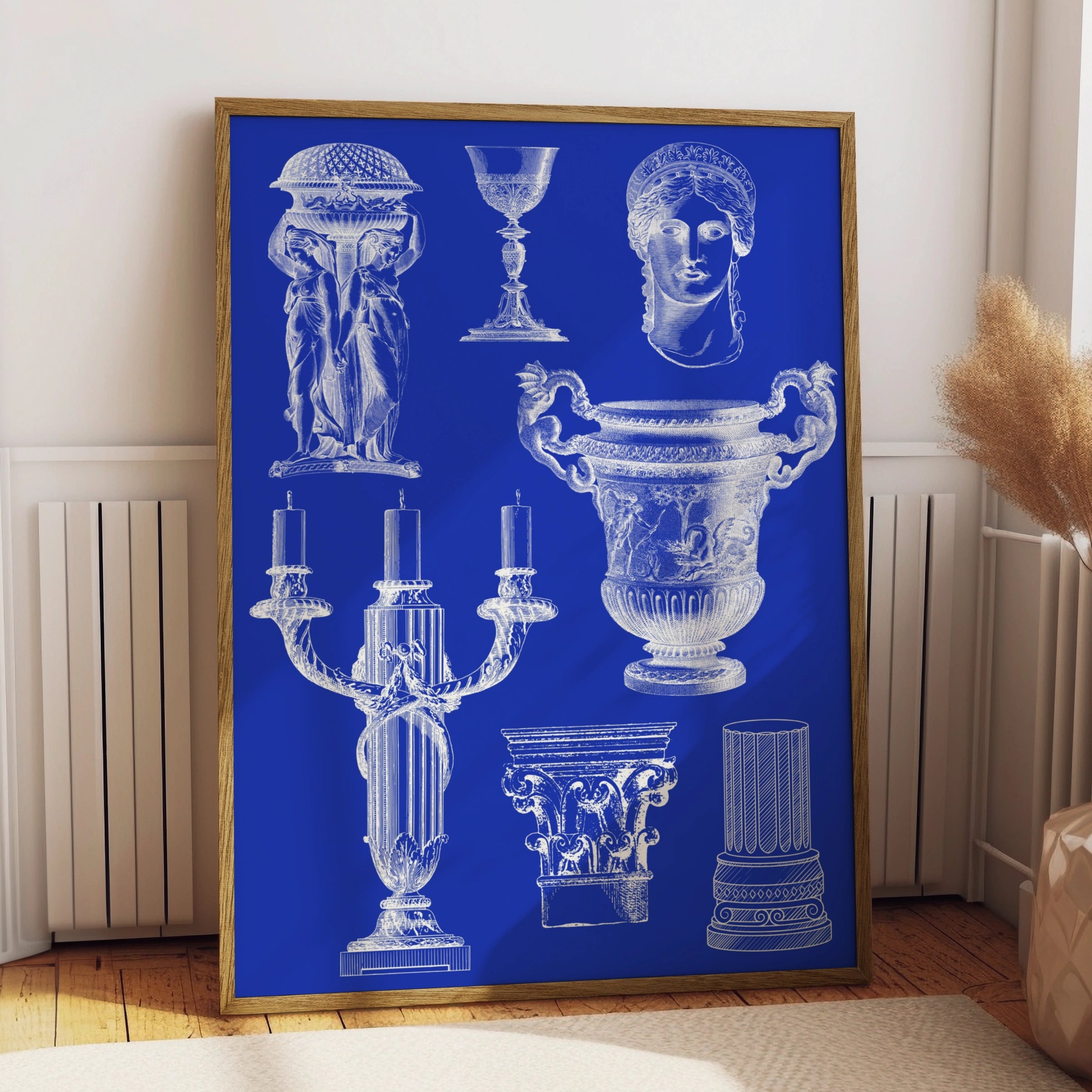 Roman Vase Blueprint Poster, Classical Antiquity Wall Art, Blue