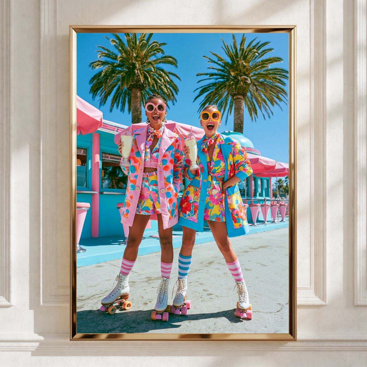 Roller Skating Women Retro Diner Poster, Colourful 80s Style Wall Art Print
