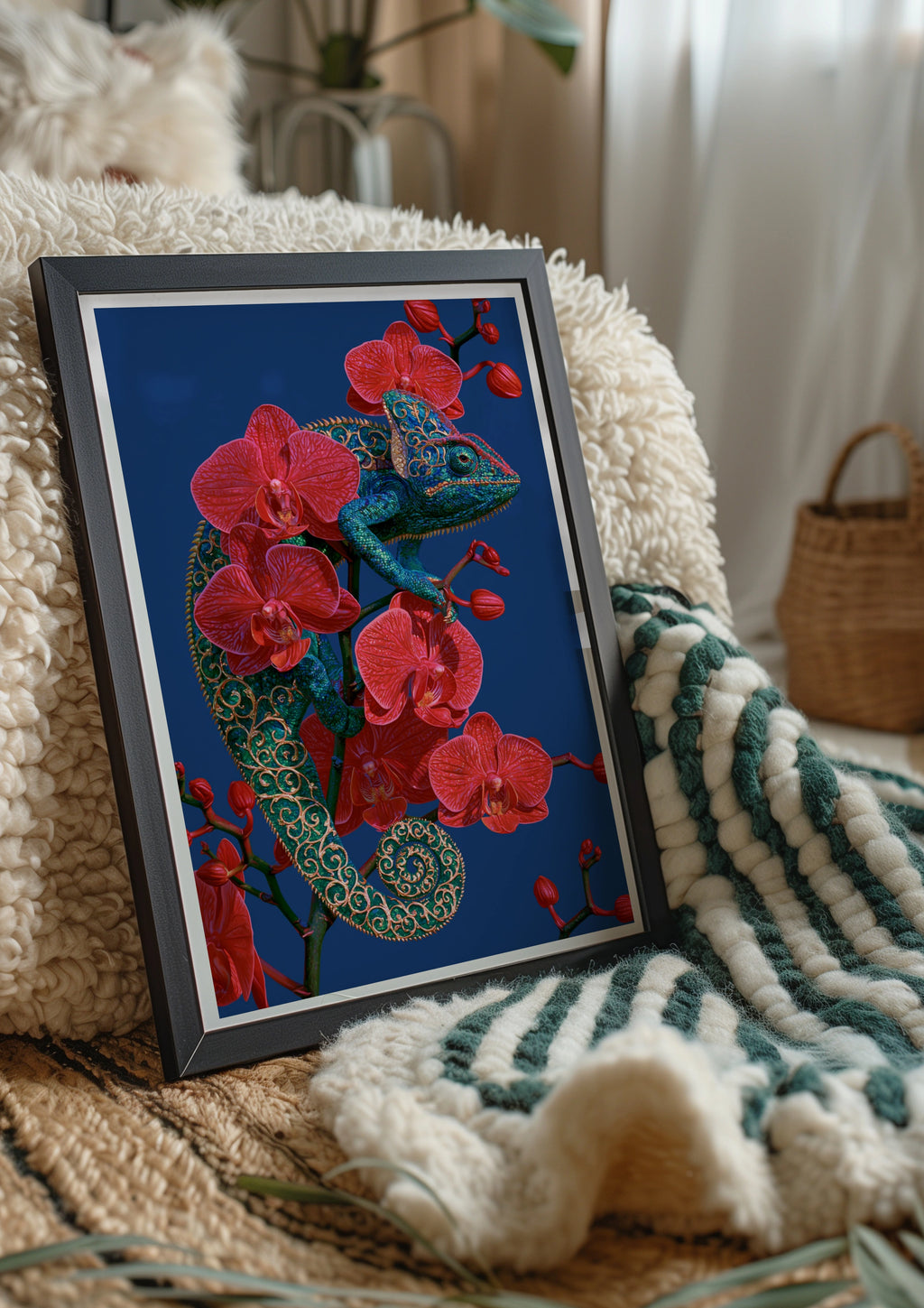Chameleon Orchid Wall Art Poster, Red Floral Reptile, Botanical Animal Print