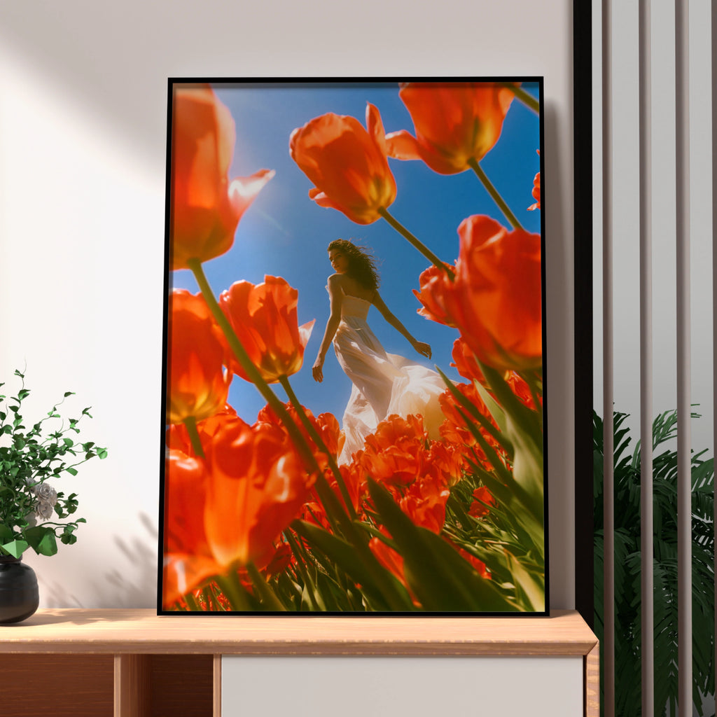Woman in Tulip Field Poster, Red Flowers Blue Sky, Botanical Art Print