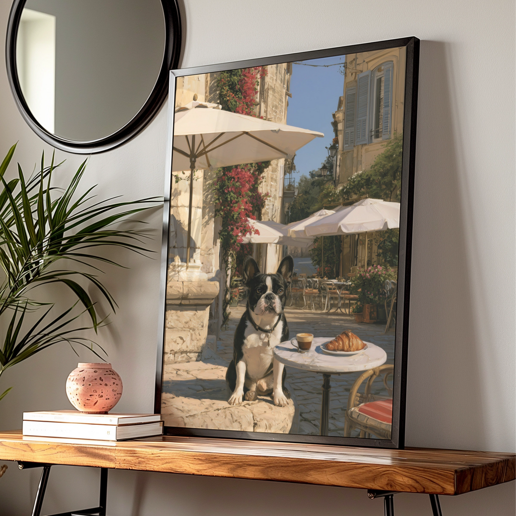 French Bulldog Cafe Poster, Paris Street Scene, Croissant Wall Art Print