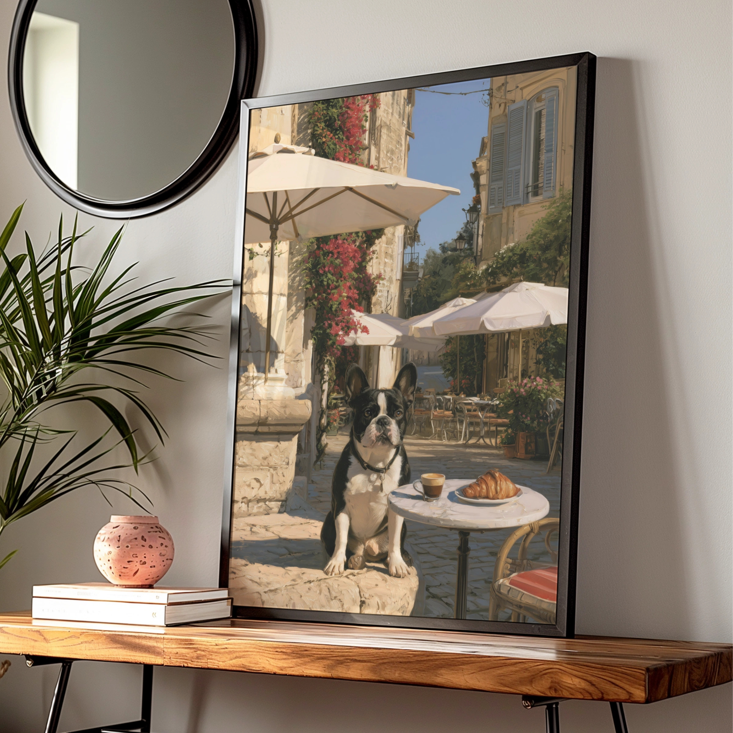 French Bulldog Cafe Poster, Paris Street Scene, Croissant Wall Art Print