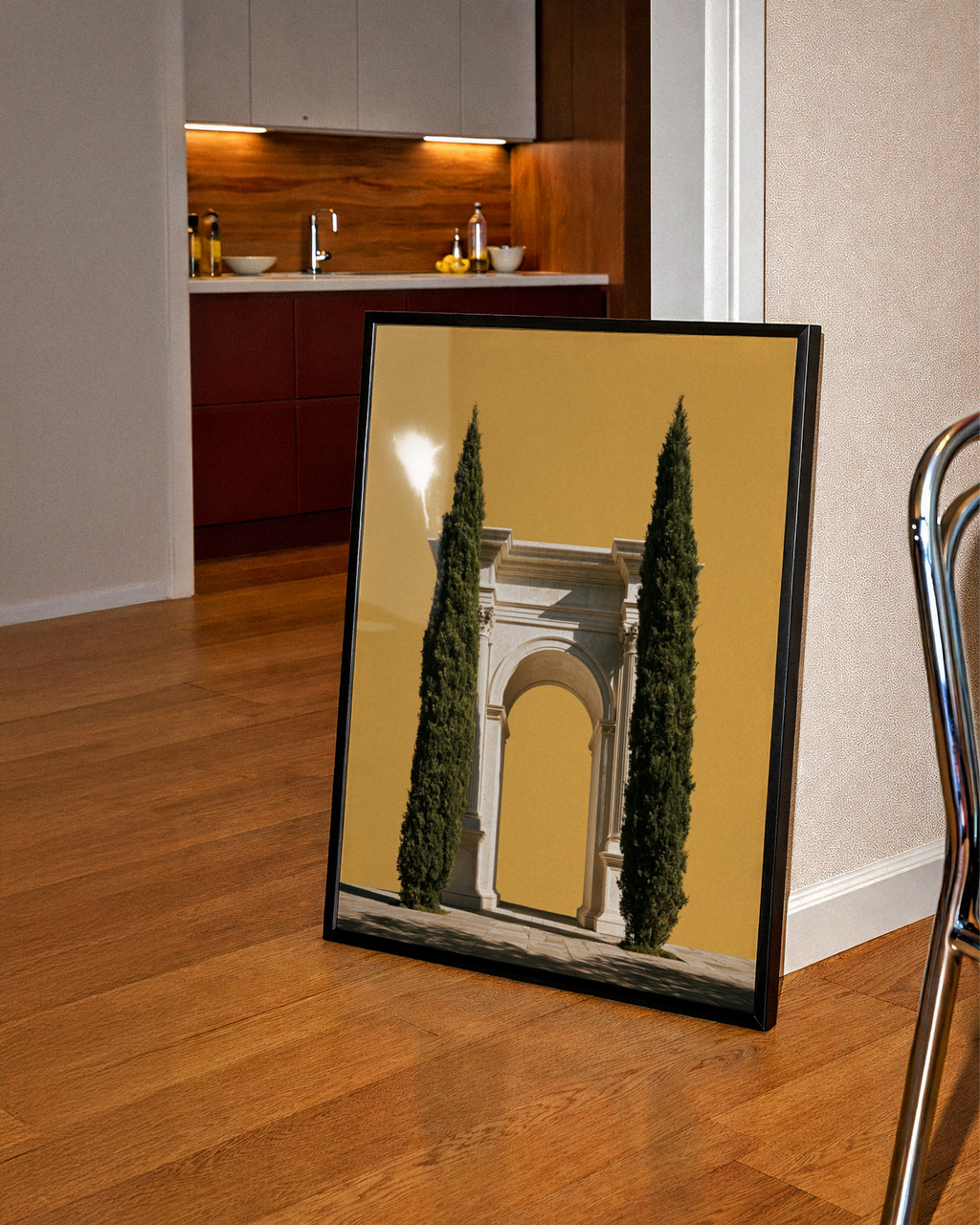 Roman Arch Cypress Trees Poster, Classical Architecture Print, Yellow Minimalist Wall Art