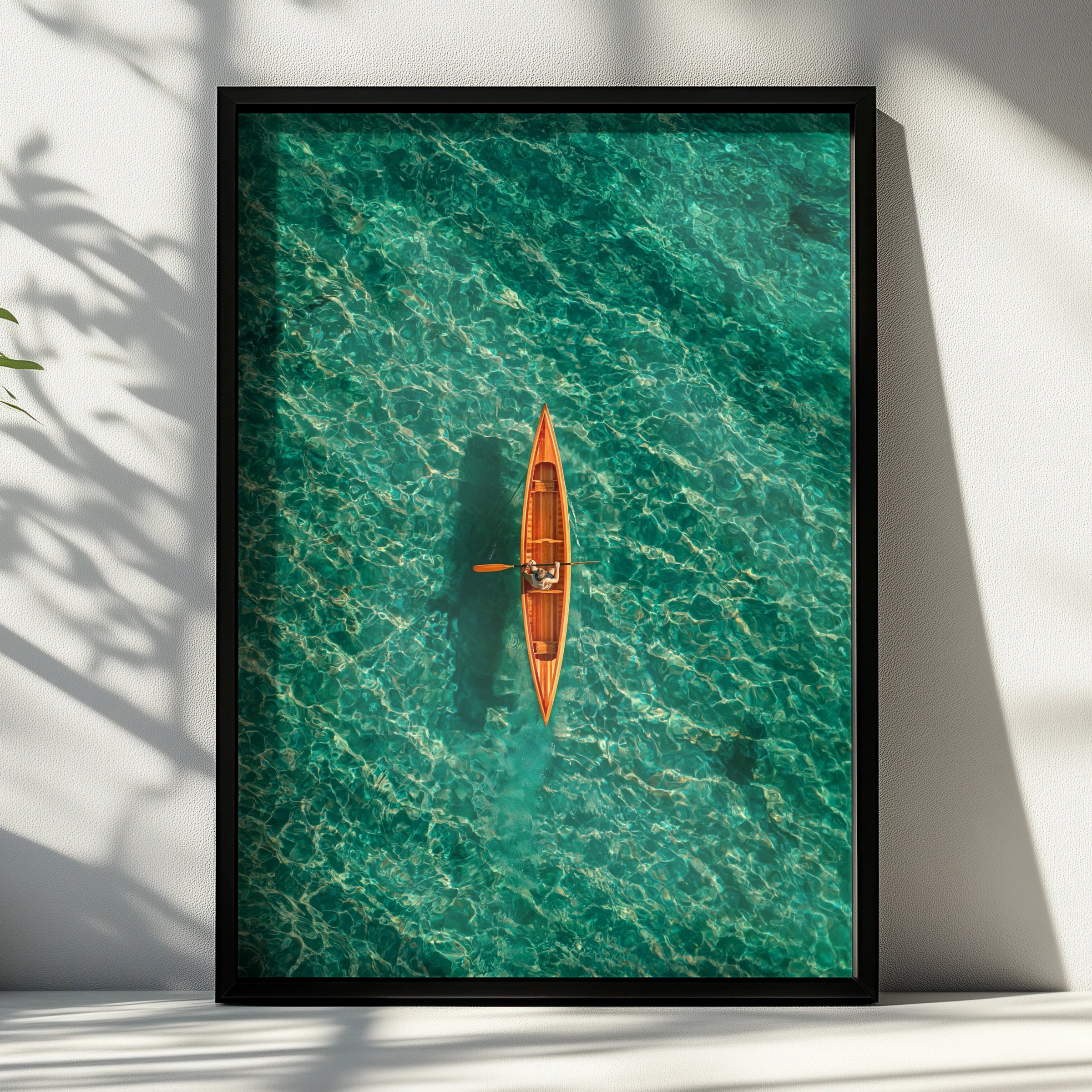 Orange Canoe Kayak Aerial View, Teal Ocean Wall Art Poster, Minimalist
