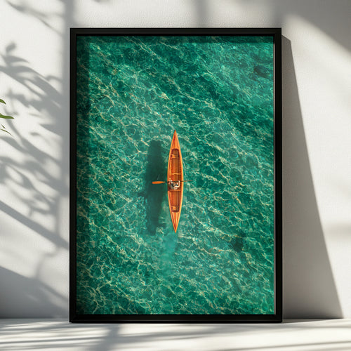 Orange Canoe Kayak Aerial View, Teal Ocean Wall Art Poster, Minimalist