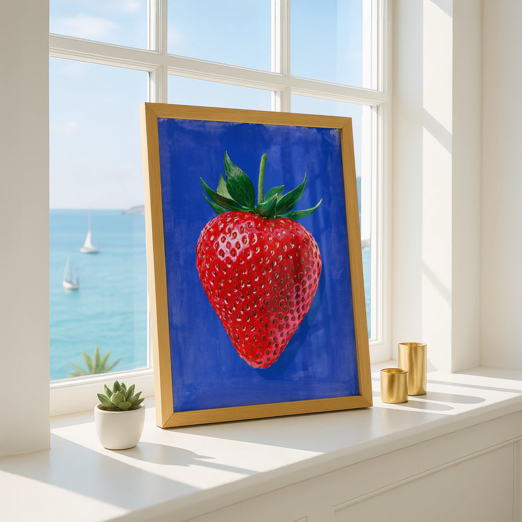 Strawberry Blue Background Poster, Bold Fruit Wall Art, Kitchen Print