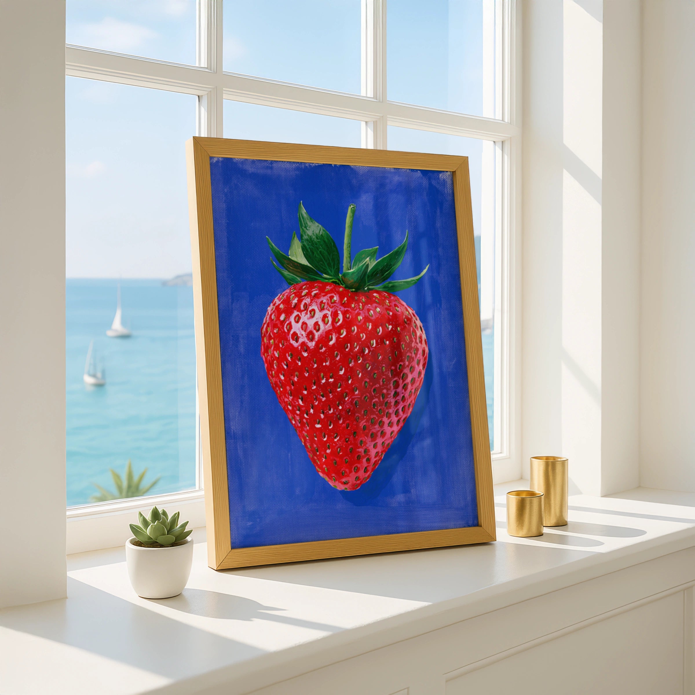 Strawberry Blue Background Poster, Bold Fruit Wall Art, Kitchen Print