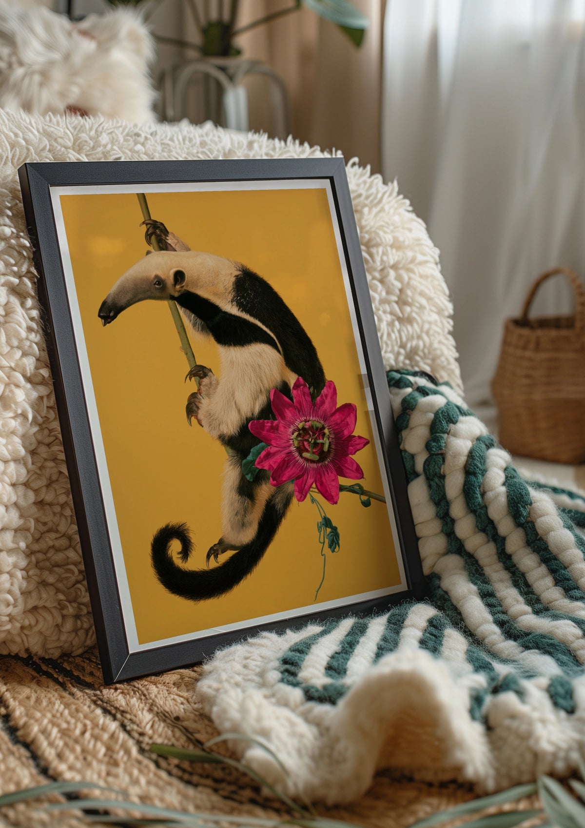 Tamandua Anteater Poster, Tropical Flower Wall Art, Yellow Bold Print