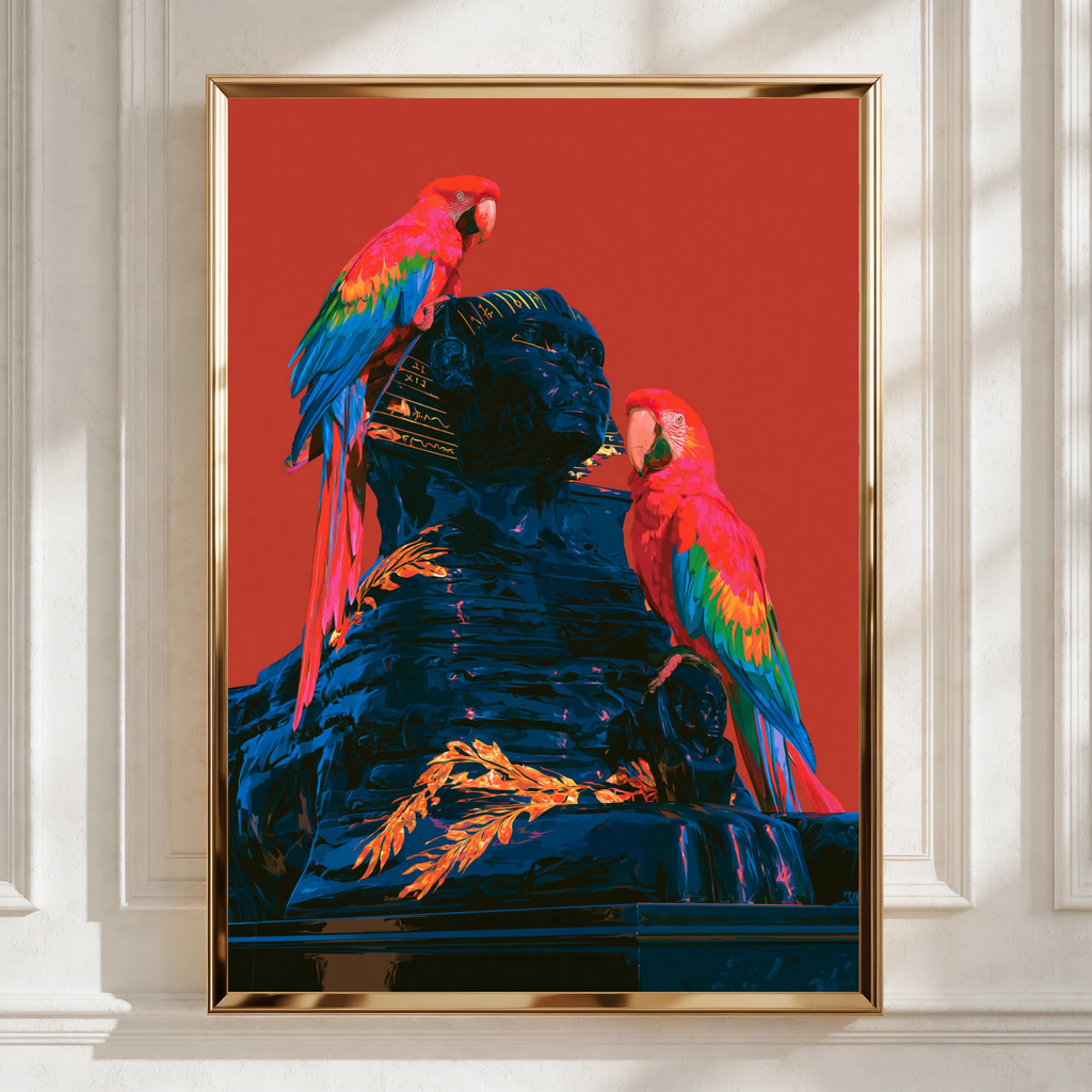 Parrots on Sphinx Statue Wall Art Poster, Bold Red Tropical Bird Print