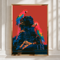 Parrots on Sphinx Statue Wall Art Poster, Bold Red Tropical Bird Print