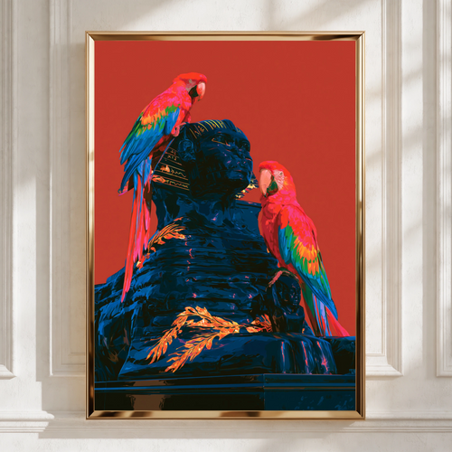Parrots on Sphinx Statue Wall Art Poster, Bold Red Tropical Bird Print
