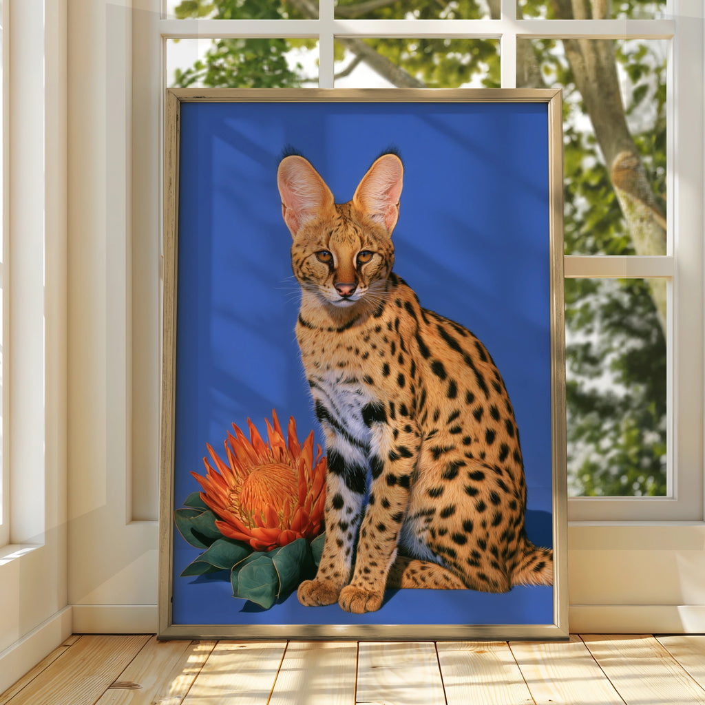 Serval Cat Protea Flower Poster, Bold Blue Wildlife Wall Art Print