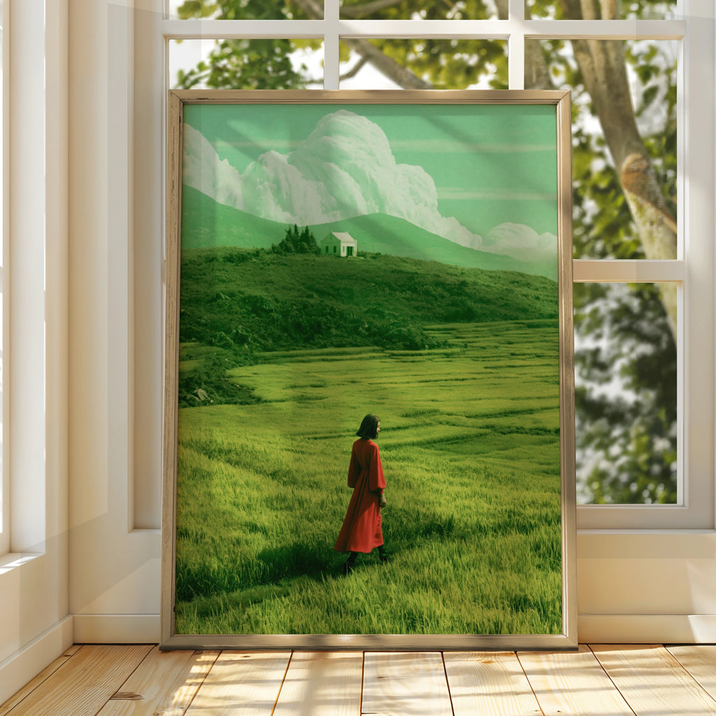 Woman in Red Coat Green Field Wall Art Poster, Surreal Landscape Print