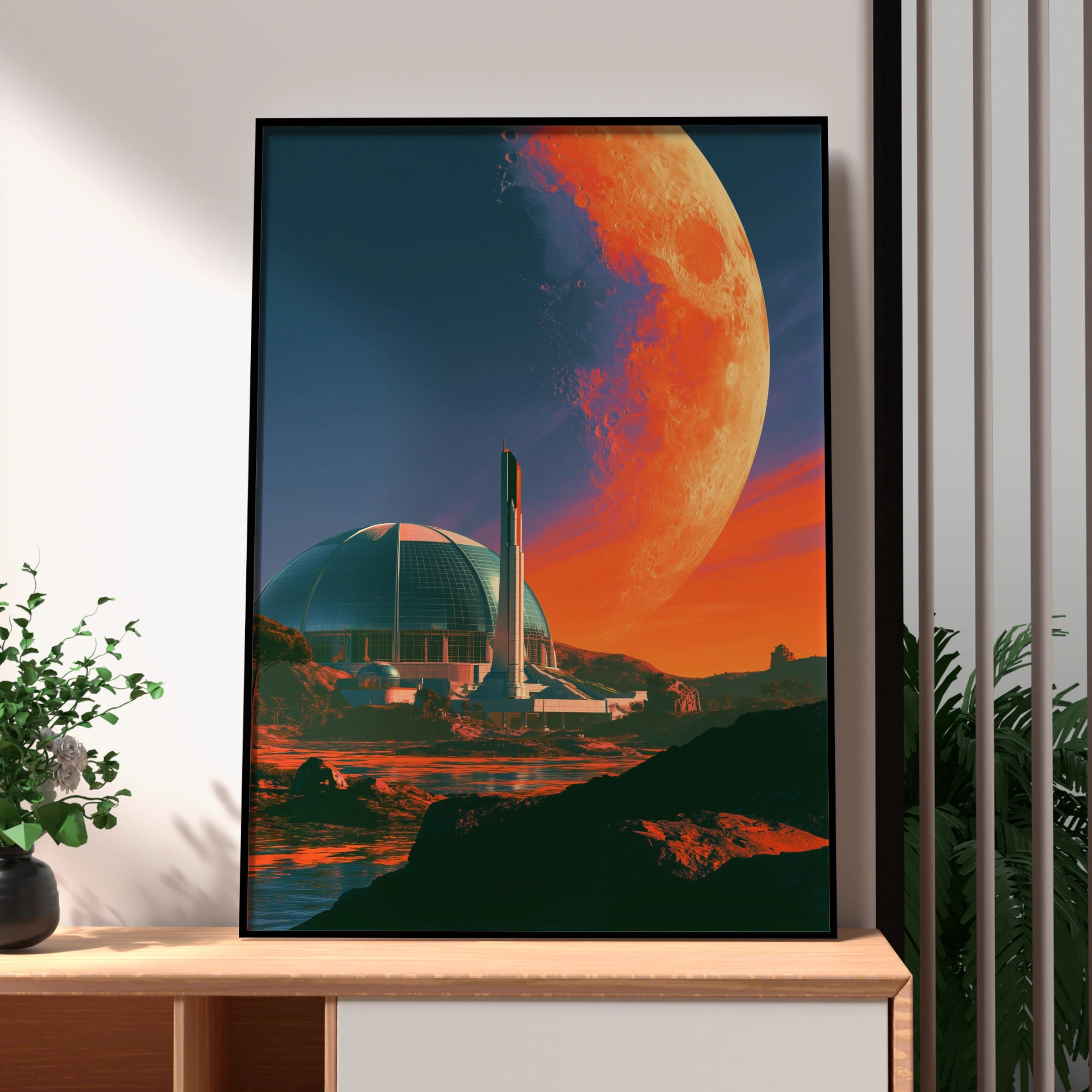 Space City Futuristic Colony Wall Art Poster, Sci-Fi Moon Print