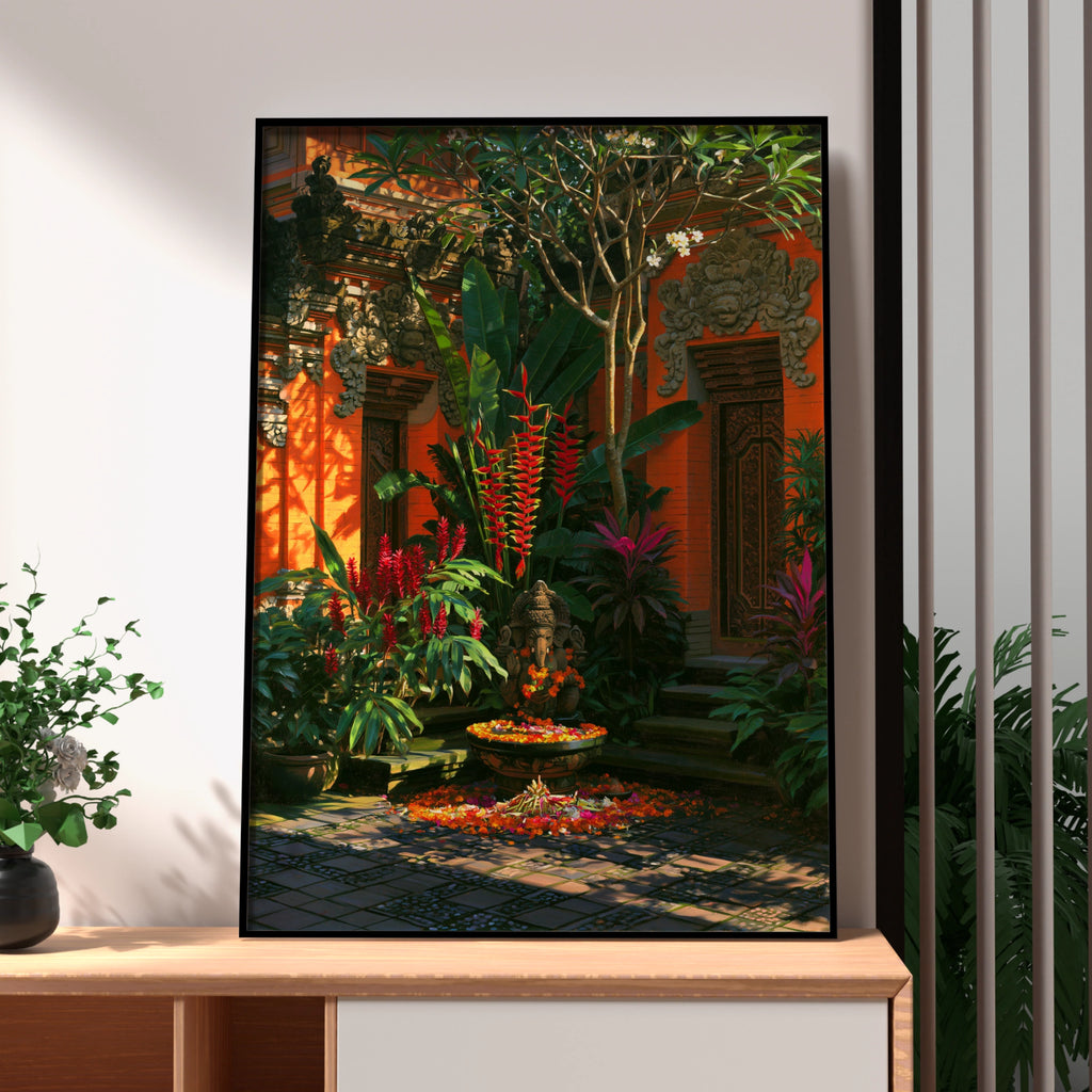 Balinese Courtyard Ganesha Poster, Tropical Temple Garden, Bali Wall Art