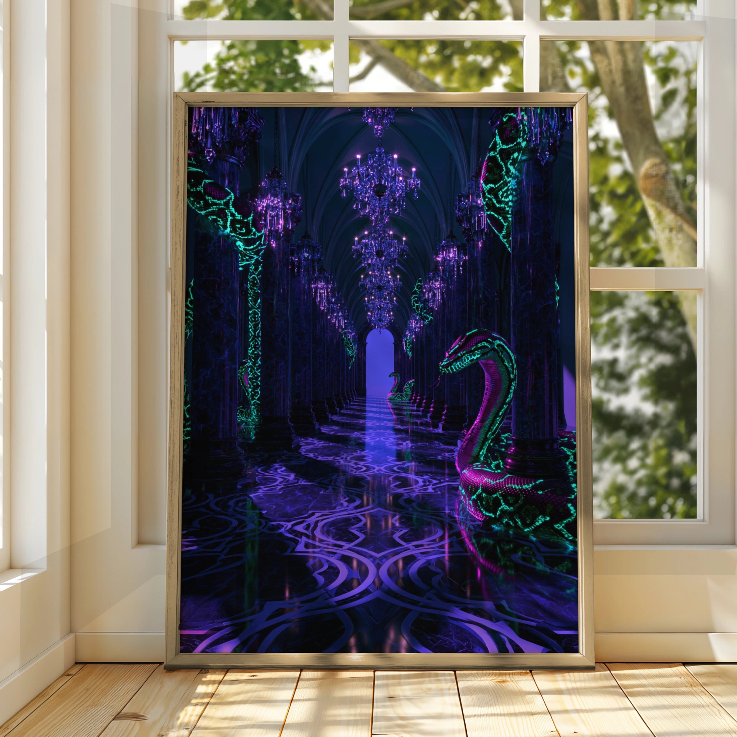 Neon Snake Gothic Hall Poster, Dark Fantasy Art Print, Purple Teal