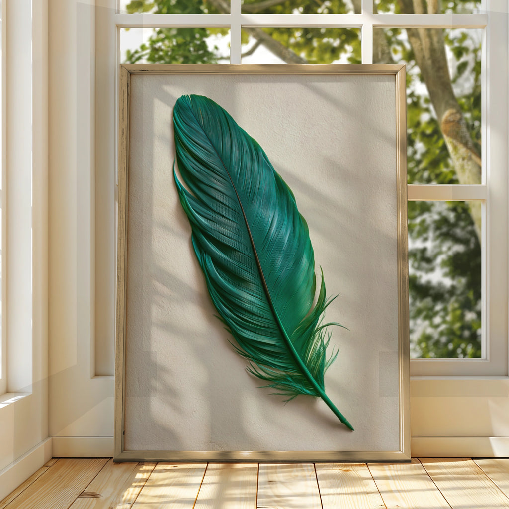 Green Feather Wall Art Poster, Teal Nature Print, Minimalist Botanical