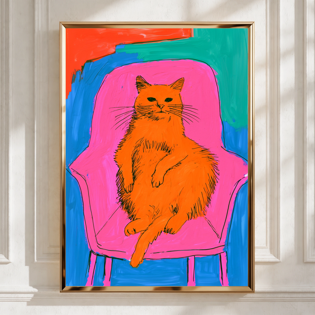 Fat Bored Cat on Armchair Poster, Bold Colourful Pop Art Print