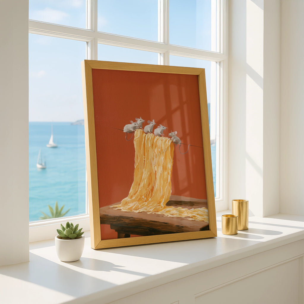 Mice on Pasta Poster, Whimsical Kitchen Wall Art, Oil Painting Style Print