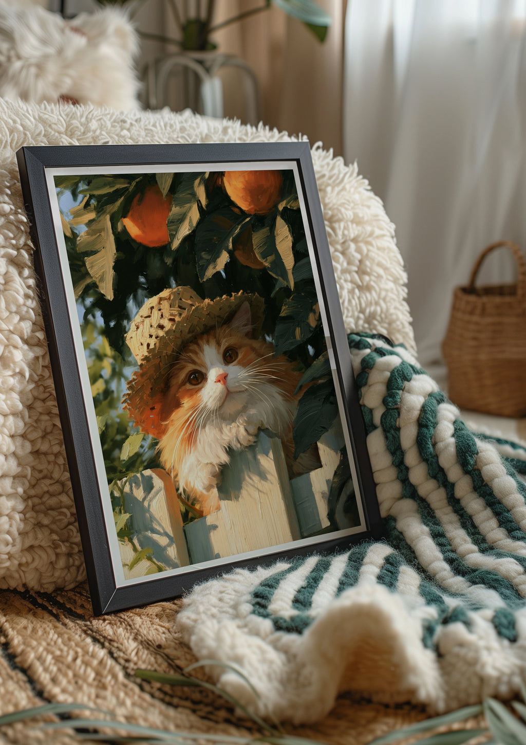 Cat in Straw Hat Orange Tree Garden Poster, Painterly Wall Art