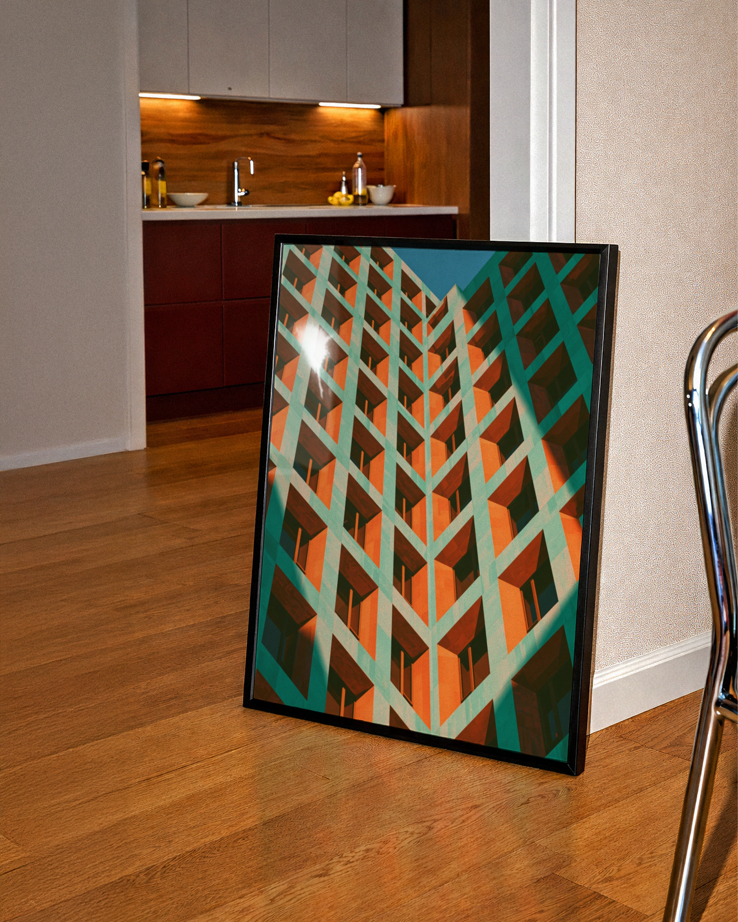 Architecture Building Facade Poster, Green Orange Geometric Brutalist Print