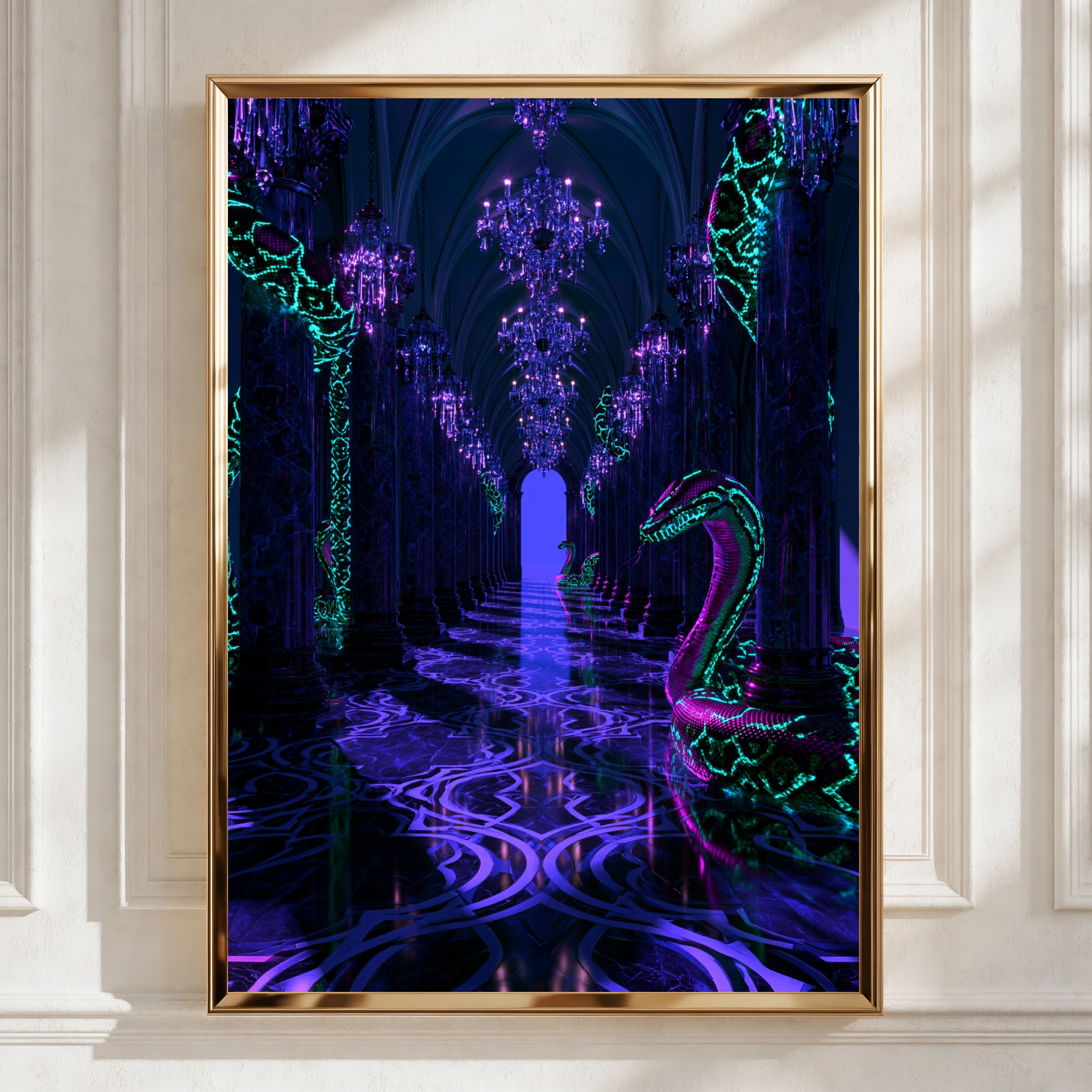 Neon Snake Gothic Hall Poster, Dark Fantasy Art Print, Purple Teal