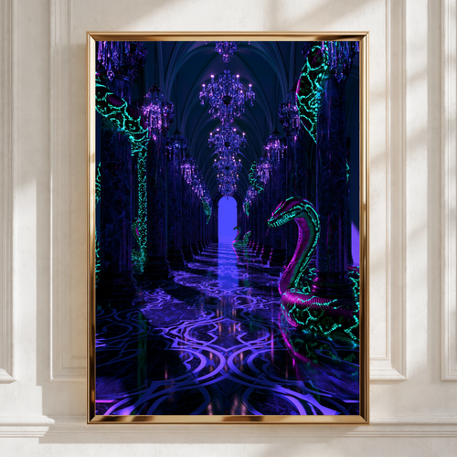 Neon Snake Gothic Hall Poster, Dark Fantasy Art Print, Purple Teal