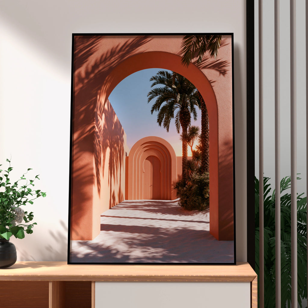 Middle East Arch Palm Tree Poster, Terracotta Architecture Wall Art, Minimalist