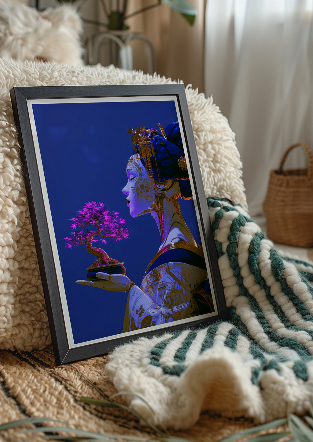 Cyber Geisha Bonsai Poster, Japanese Robot Art Print, Futuristic Blue Gold