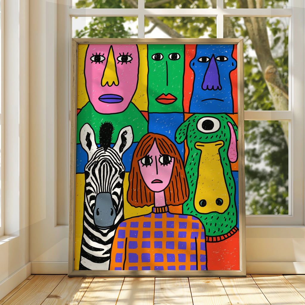 Colourful Abstract Faces Poster, Zebra Girl Monster Wall Art, Bold Drawing