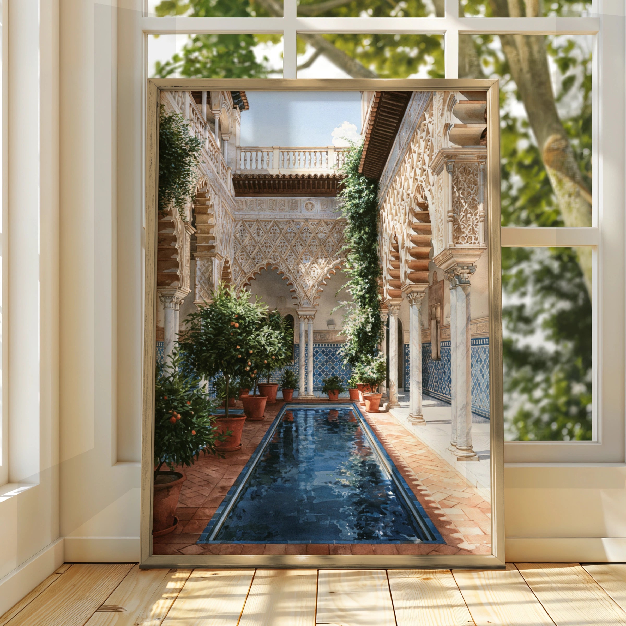 Andalusian Patio Wall Art Poster, Spanish Courtyard, Moorish Architecture Print