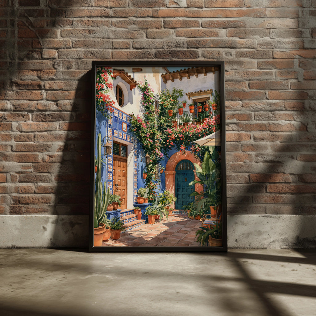 Spanish Courtyard Wall Art Poster, Blue Terracotta Floral, Watercolour Print