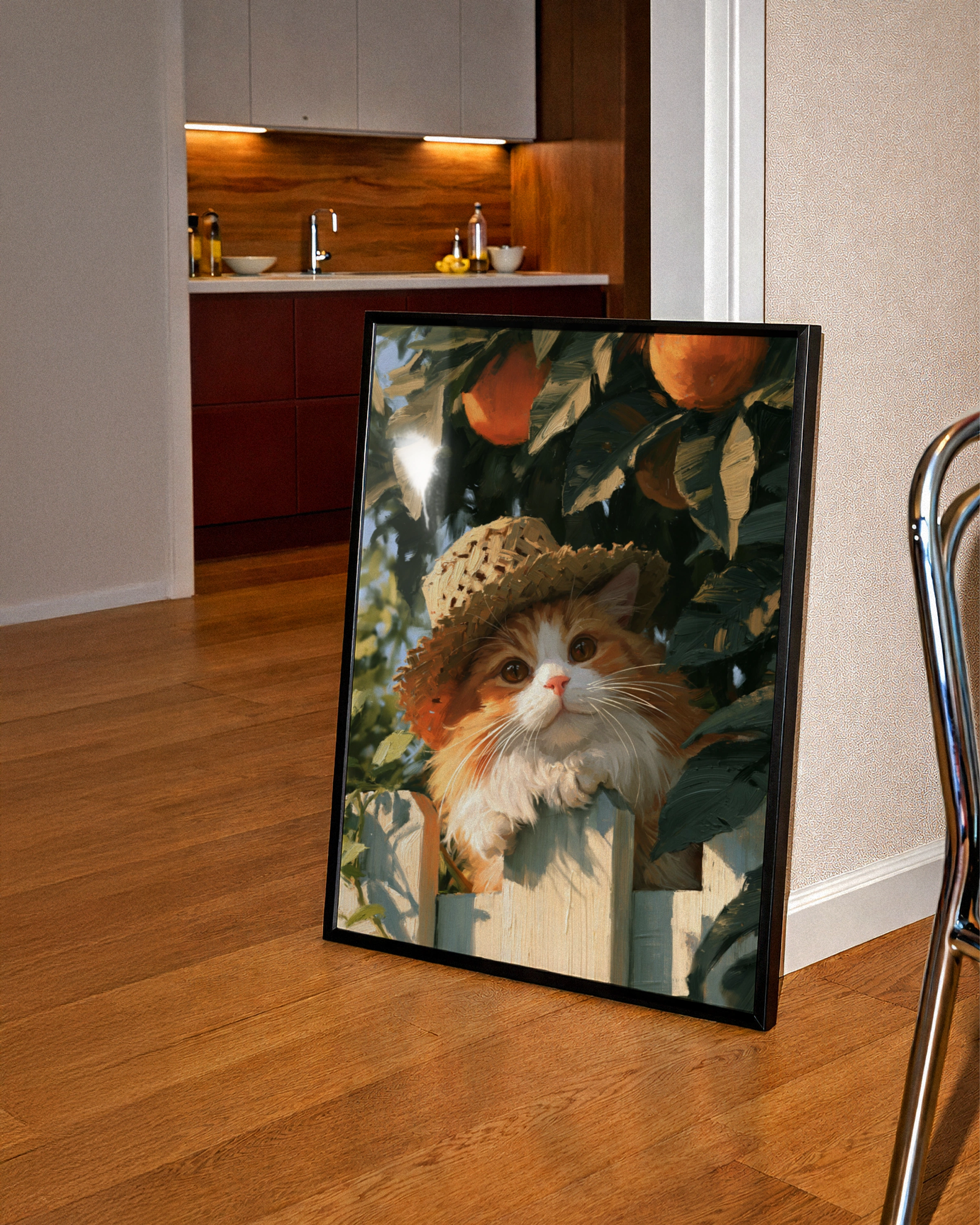 Cat in Straw Hat Orange Tree Garden Poster, Painterly Wall Art