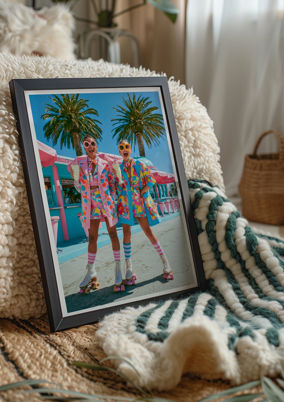 Roller Skating Women Retro Diner Poster, Colourful 80s Style Wall Art Print