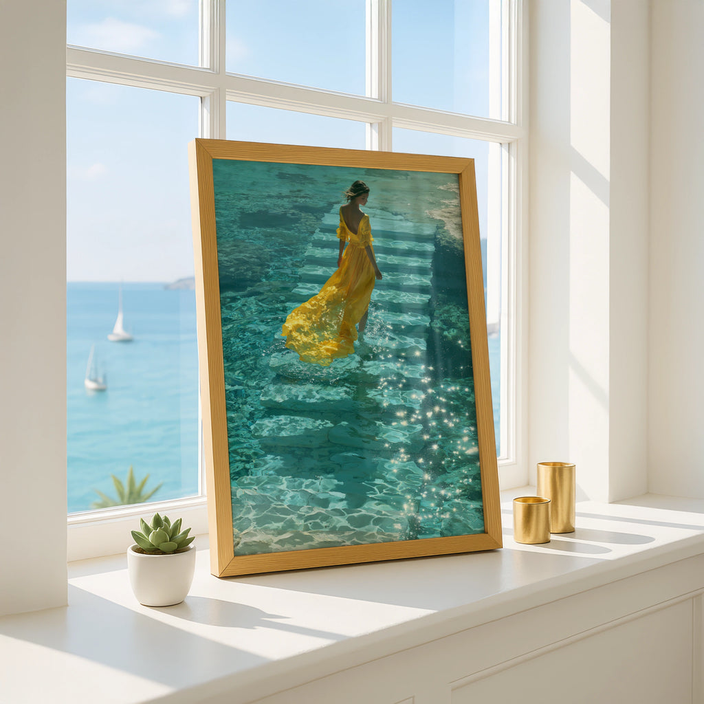 Woman Yellow Dress Water Steps Poster, Teal Ocean Wall Art, Figurative Print