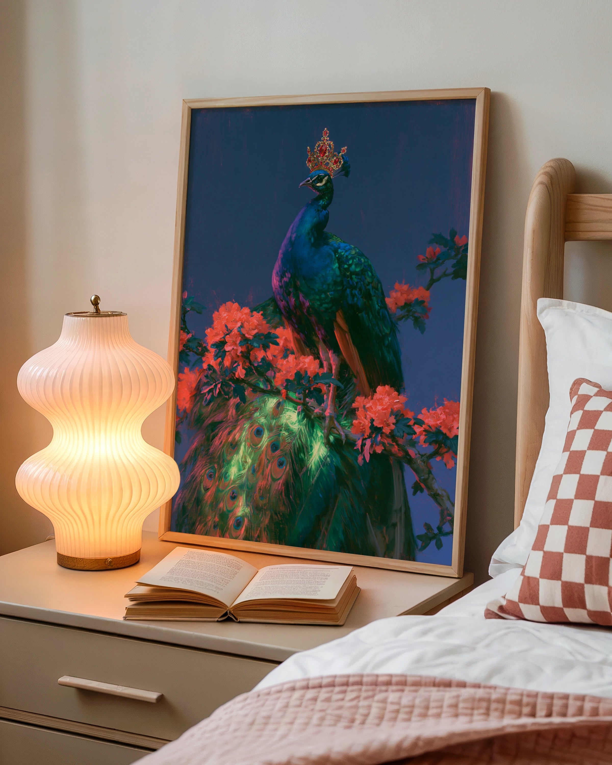 Crowned Peacock Wall Art Poster, Royal Bird Print, Dark Floral Botanical
