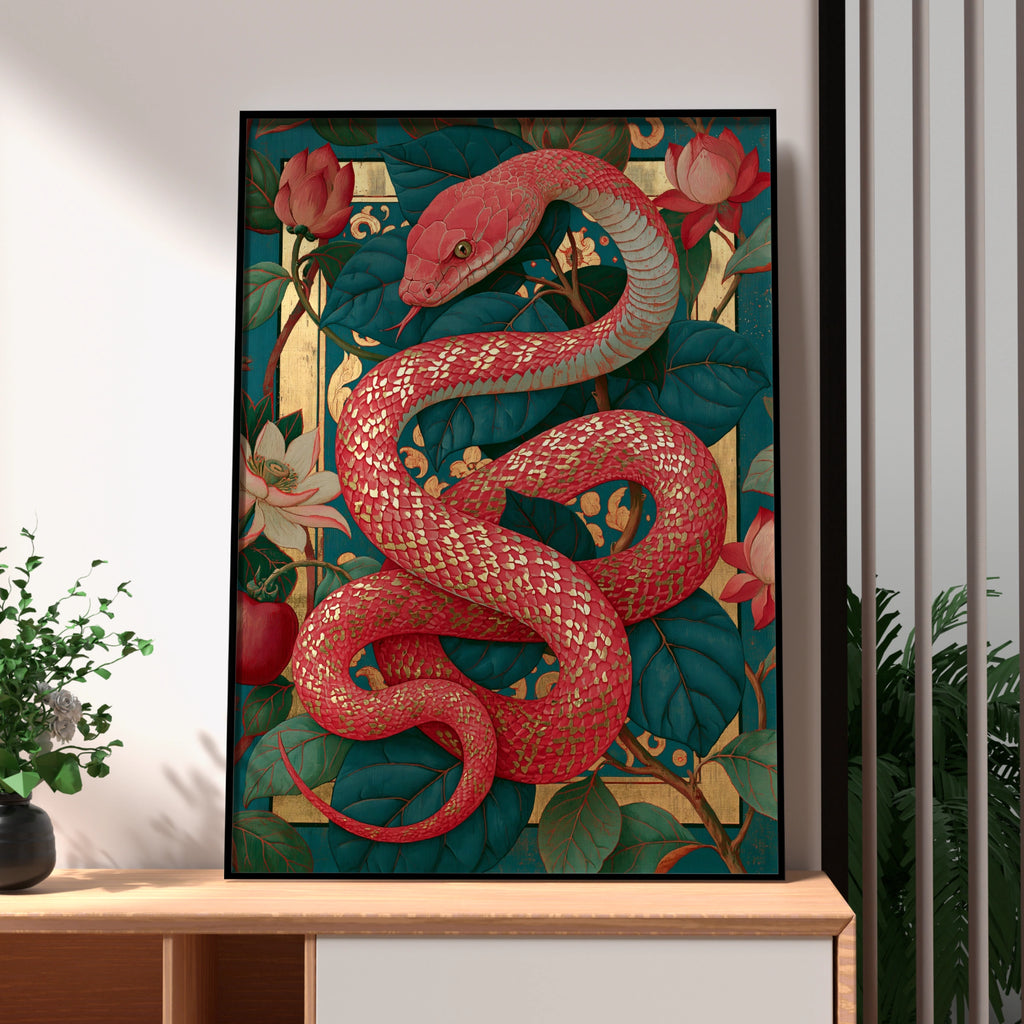 Red Snake Botanical Wall Art Poster, Gold Floral Teal Art Nouveau Print