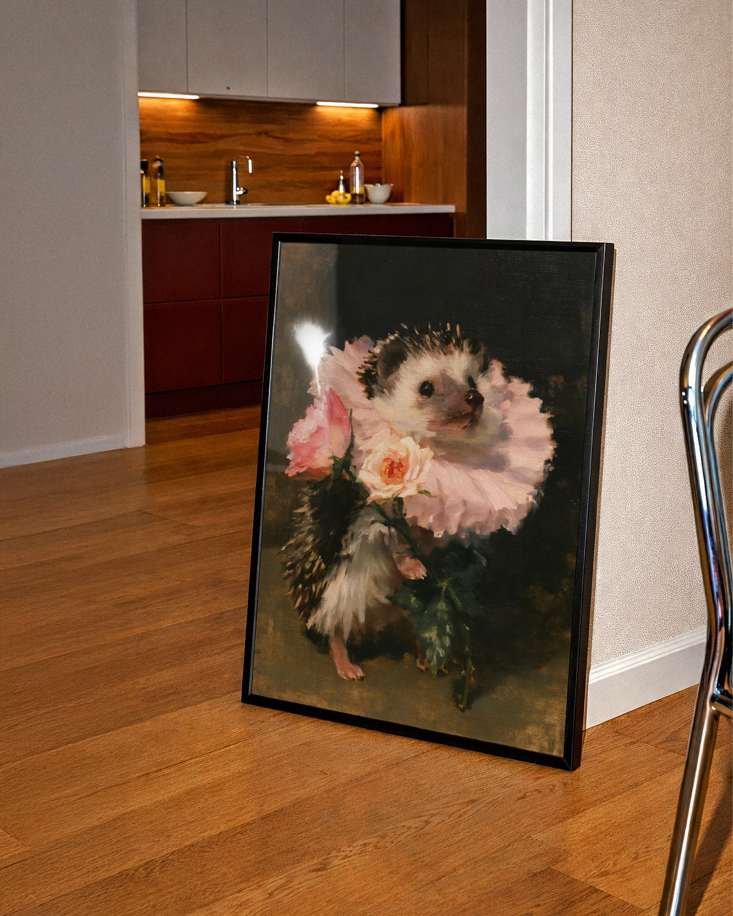 Hedgehog with Roses Poster, Floral Animal Wall Art, Old Masters Style Print