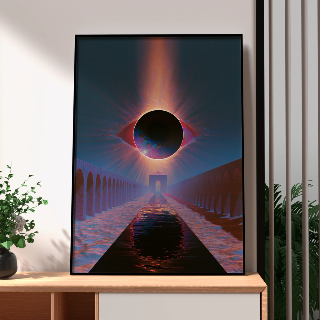 Eclipse Eye Arches River Abstract Poster, Surreal Dark Sky Art Print