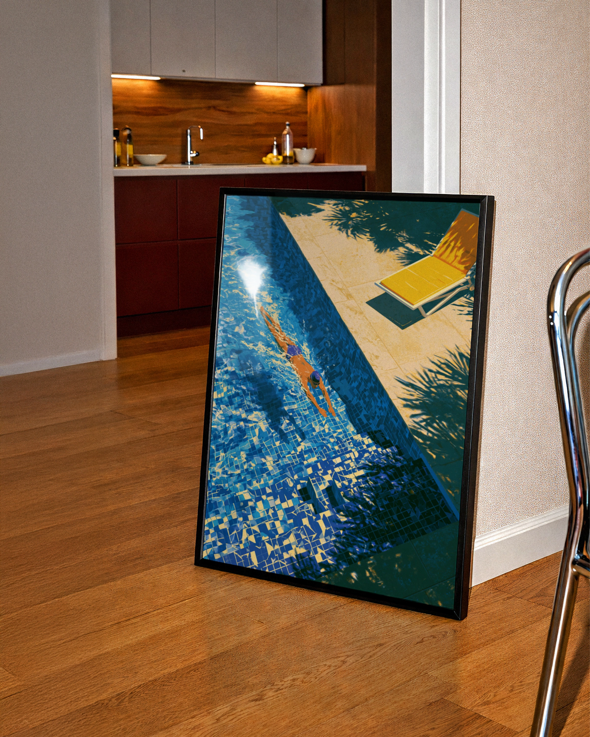 Swimming Pool Poster, Yellow Sun Lounger, Summer Art Print, Aerial View