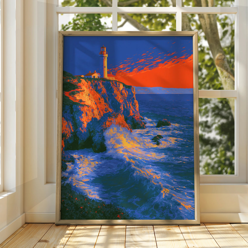 Red Lighthouse Cliff Coastal Wall Art Poster, Bold Sunset Ocean Print