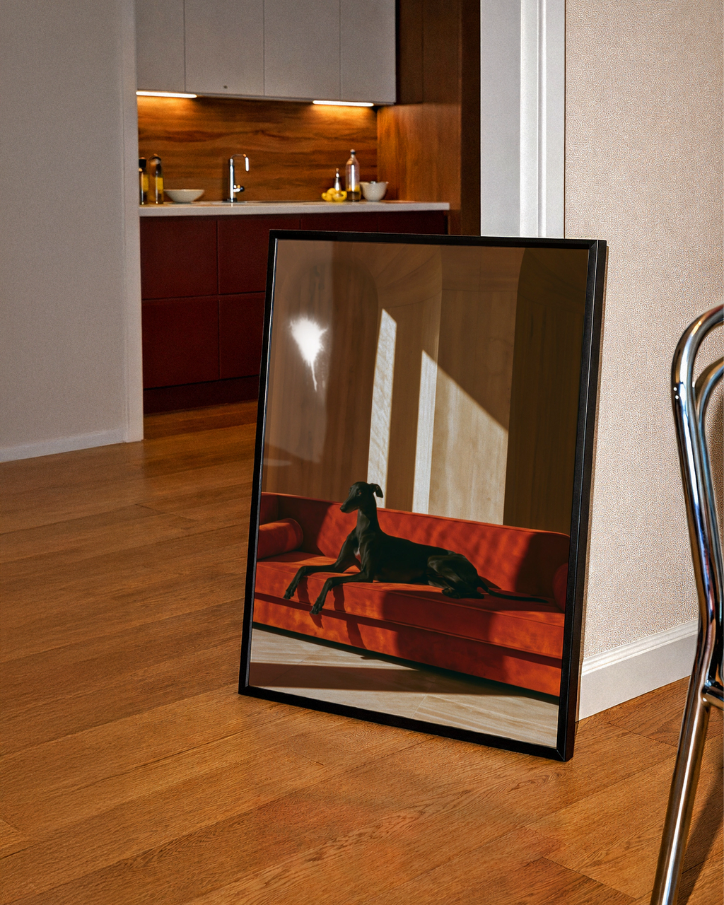 Greyhound on Red Sofa Poster, Black Hound Dog Wall Art, Warm Minimalist Print