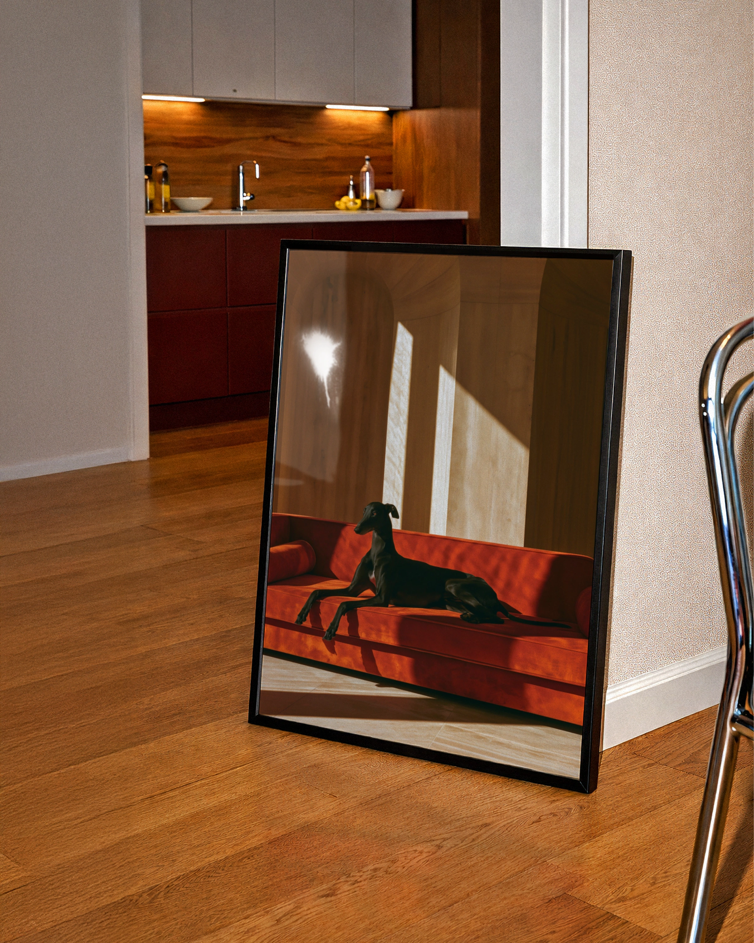 Greyhound on Red Sofa Poster, Black Hound Dog Wall Art, Warm Minimalist Print