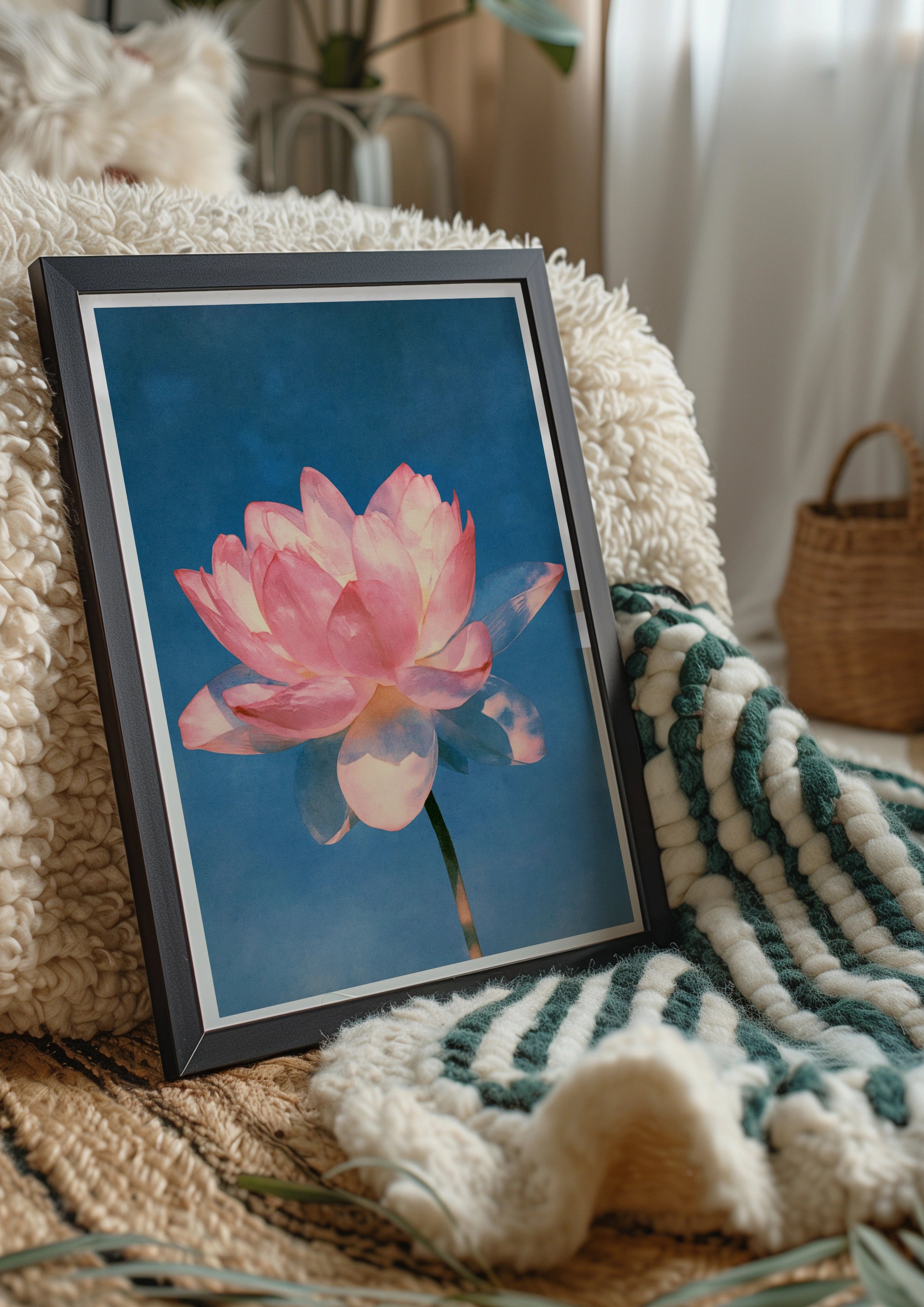 Pink Lotus Flower Poster, Botanical Wall Art, Blue Background, Watercolour Style
