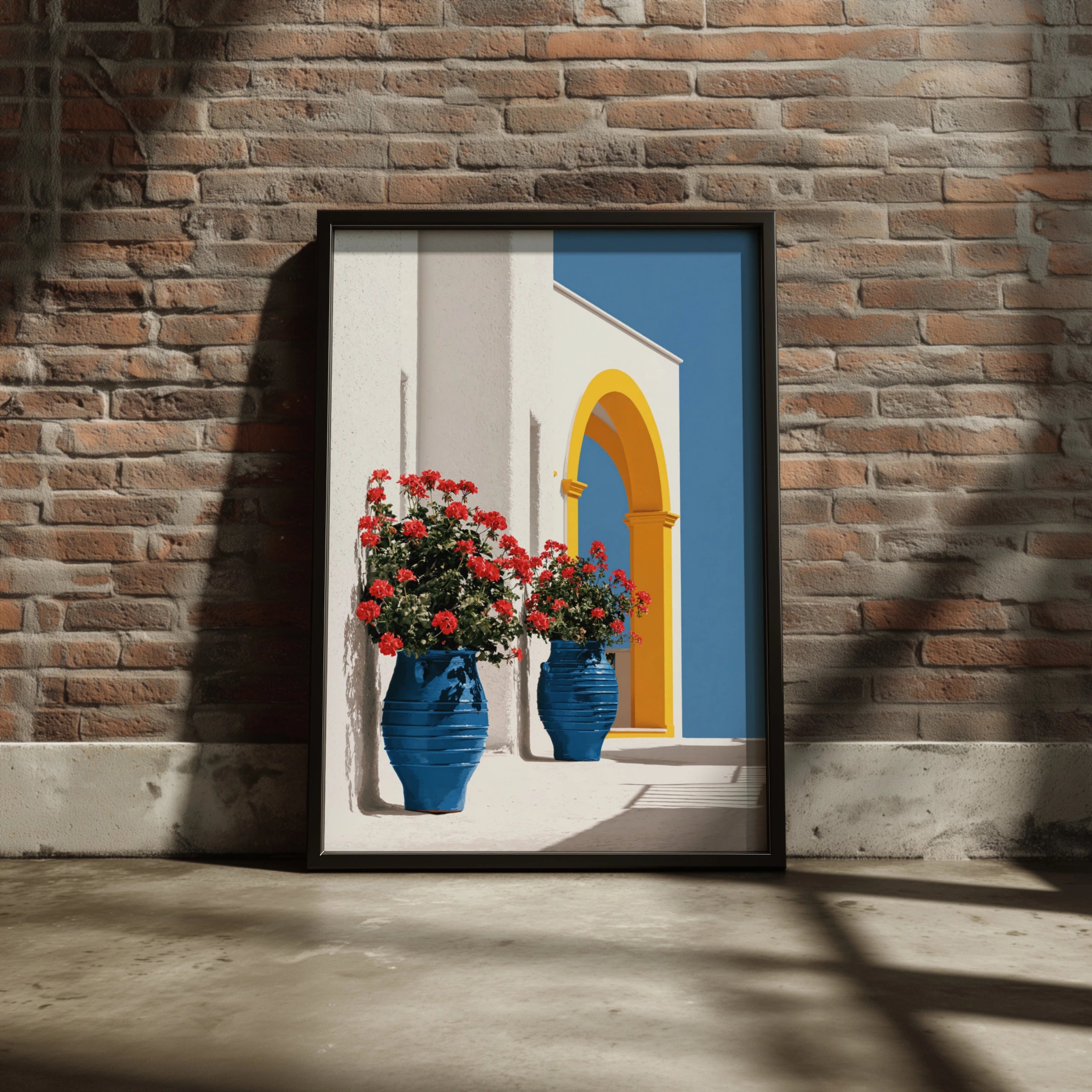 Greek Courtyard Blue Vases Poster, Mediterranean Architecture Wall Art Print
