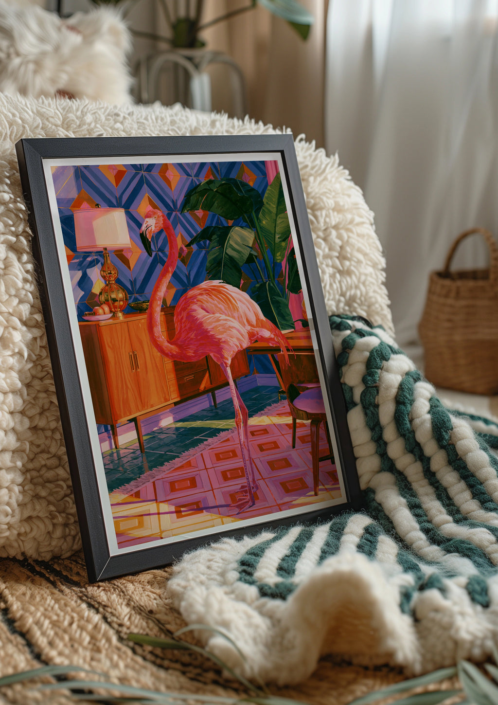 Flamingo Living Room Poster, Mid-Century Interior Wall Art, Tropical Bird Print