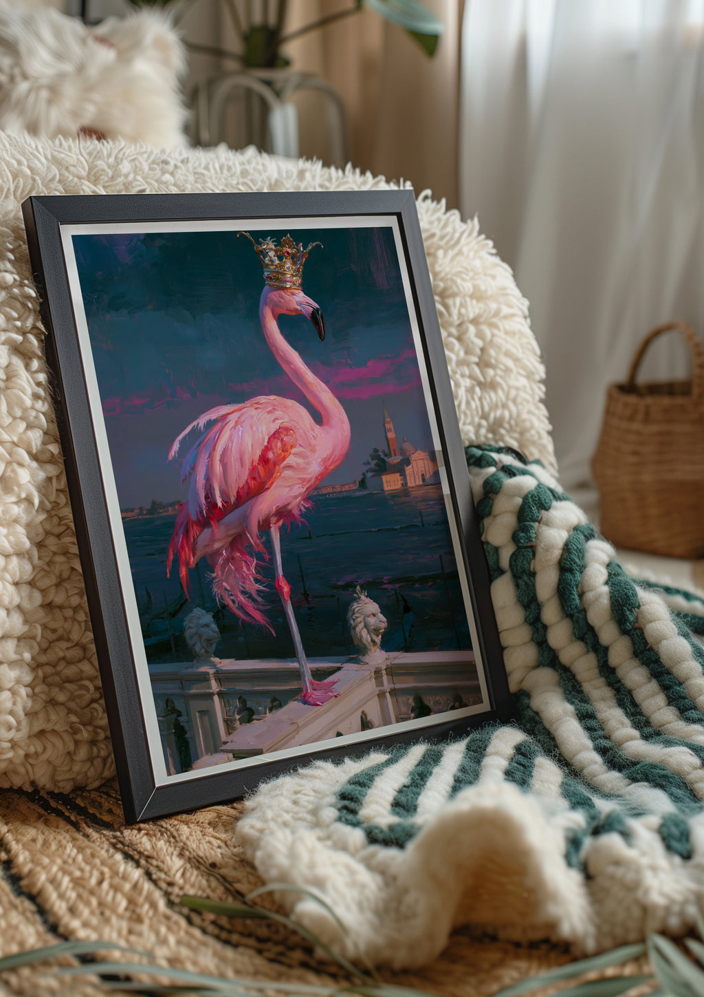Royal Flamingo Venice Poster, Pink Bird Crown Wall Art, Oil Painting Style Print