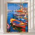 Colourful Boats Harbour Poster, Mediterranean Sailing Art Print, Bold Coastal Wall Art