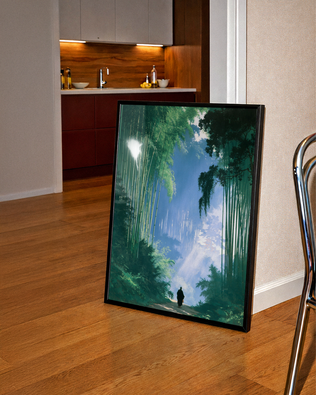 Bamboo Forest Monk Poster, Japanese Path Wall Art, Zen Minimalist Print