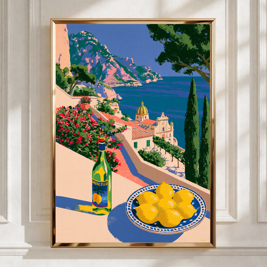 Limoncello Amalfi Coast Italy Poster, Lemon Mediterranean Sea Wall Art Print